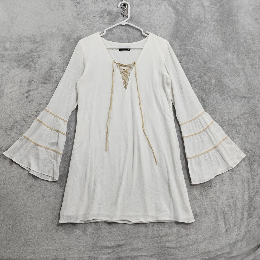 Union Of Angels Dress Womens M White Lace Up V-Neck Bell Sleeve Boho Shift Mini